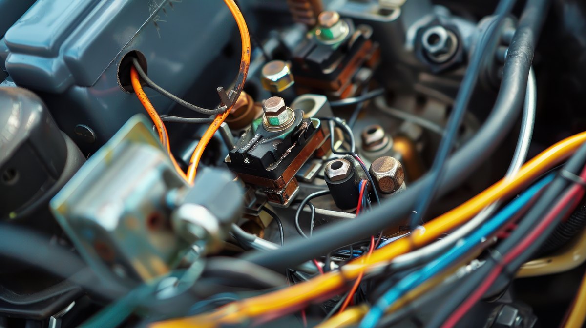 Electrical connectors and wiring in a vehicle engine bay