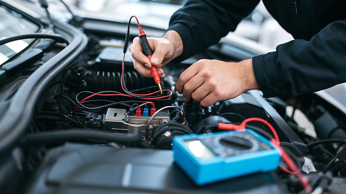 Technician testing a vehicle's charging system with a multimeter at the battery